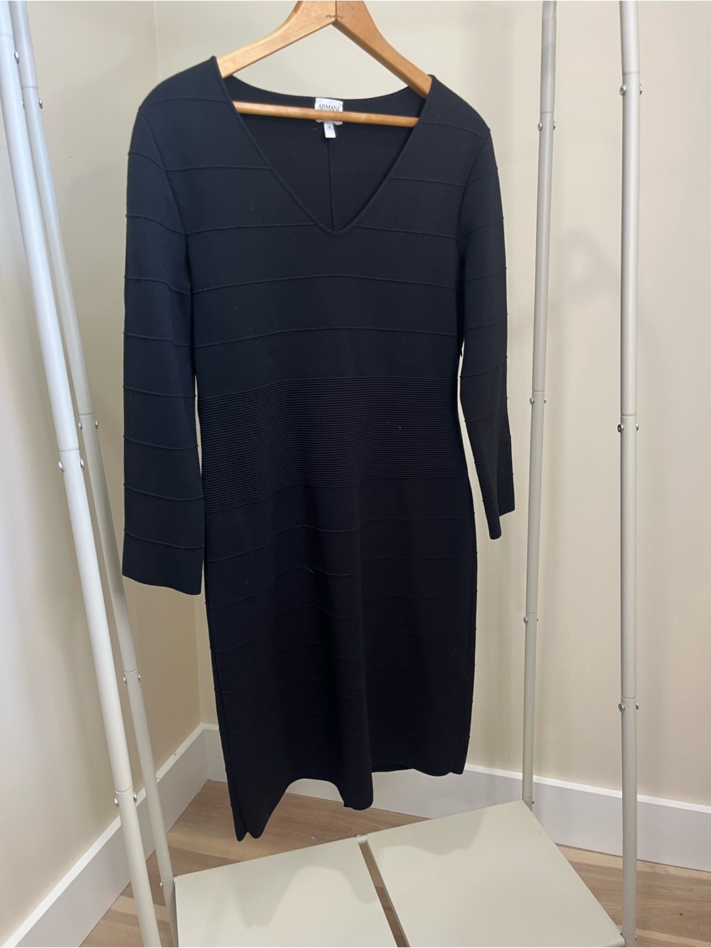 Armani Collezioni Black V-Neck Long Sleeve Knit Dress
